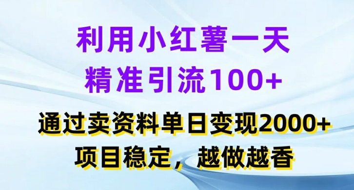 利用小红书一天精准引流100+，通过卖项目单日变现2k+，项目稳定，越做越香【揭秘】-Zv头条